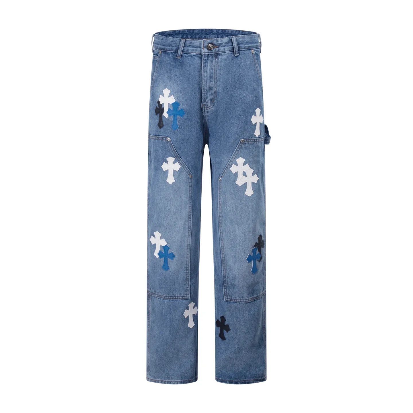 P260 Style number: H38 Croxin & 𝐂𝐡𝐫𝐨𝐦𝐞 𝐇𝐞𝐚𝐫𝐭 ss25 blue black blue and white grained leather denim workwear logging pants. Styles with different washed textures are very friendly to people with thin legs. The slightly flared version perfectly modifies the leg shape. The timeless and moderate length makes it easy to match and match. It is the basis for various styles and is a must-have in your wardrobe! The fabric is stiff but also makes the upper body soft without losing texture. The washing process is even more perfect. It is a must-have item for everyone! ! ! Washed wheat, hang tag, pants label, three labels complete Color: blue Size: 30-32-34-36